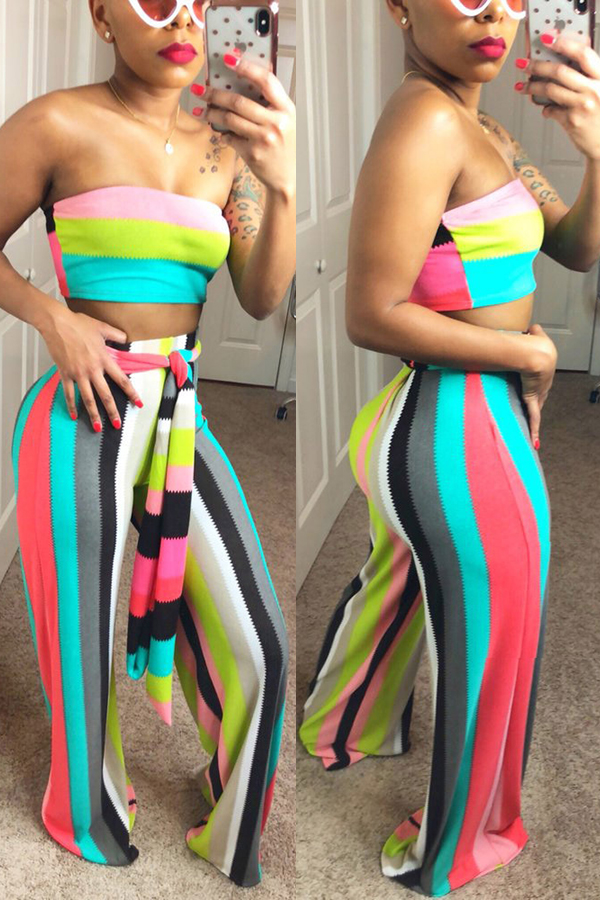

Lovely Trendy Striped Print Multicolor Two-piece Pants Set, Multicolor stripe