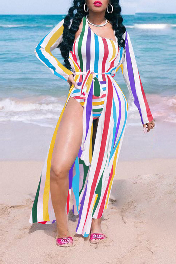 

Lovely Striped Print Multicolor One-piece Swimsuit(With Cover-up, Multi
