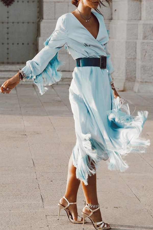

Lovely Sweet Tassel Design Baby Blue Knee Length Plus Size Dress