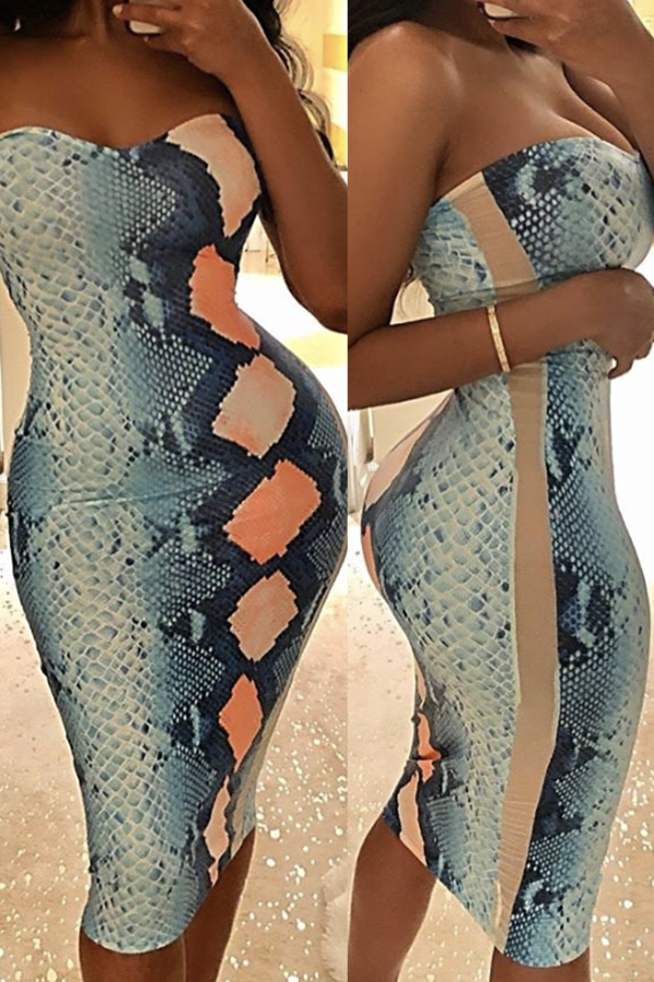

Lovely Chic Print Cyan Knee Length Dress, Blue