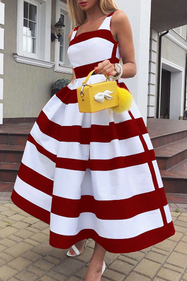 

Lovely Casual Striped Print Red Mid Calf Dress, Red stripe
