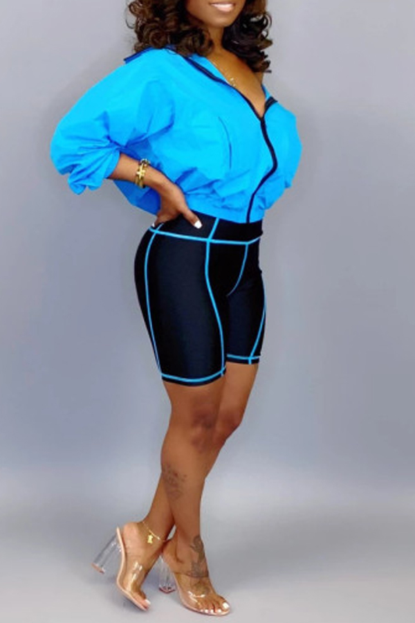 

Lovely Casual Turndown Collar Zipper Design Blue Two-piece Shorts Set