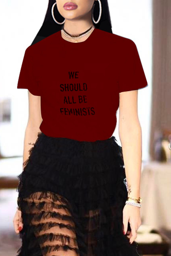 

Lovely Casual Print Wine Red T-shirt