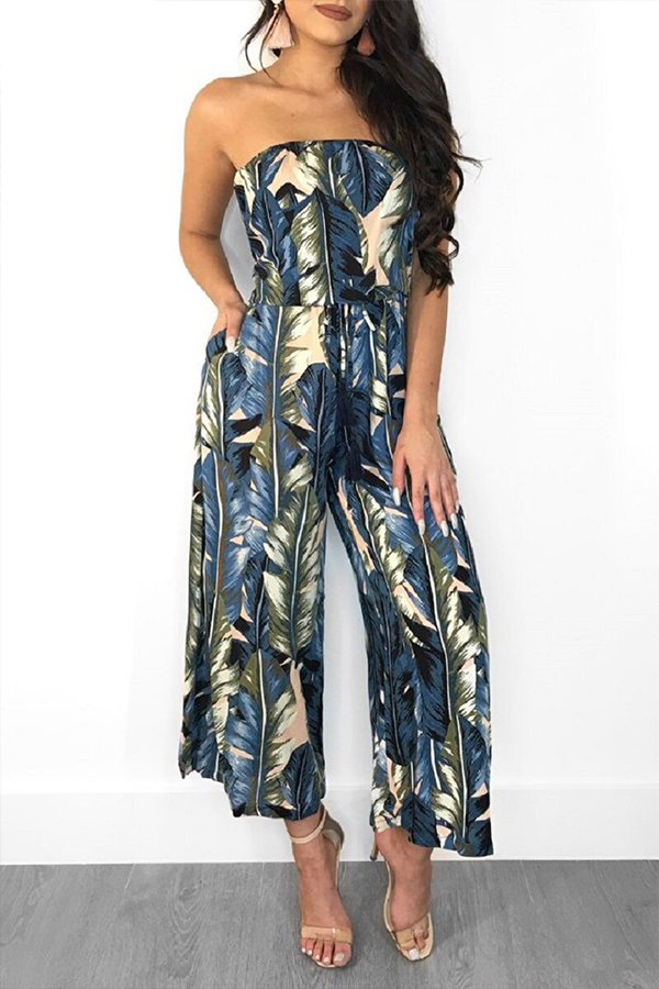 

Lovely Chic Dew Shoulder Print Dark Blue One-piece Jumpsuit