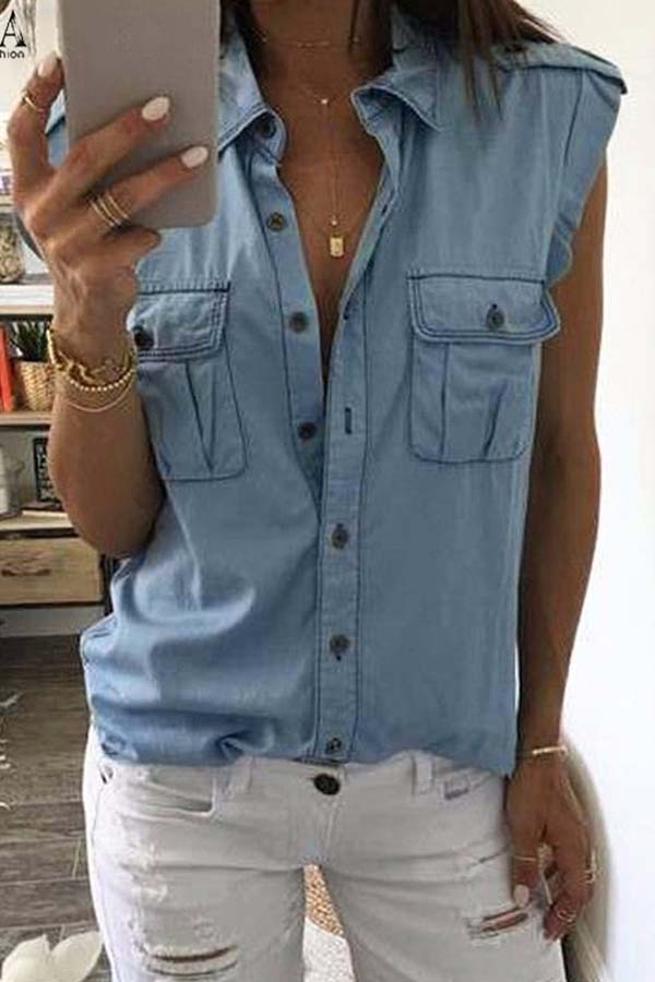 

Lovely Sweet Button Baby Blue Tank Top