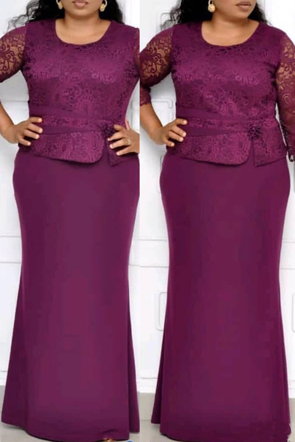 

Lovely Casual Patchwork Purple Maxi Trumpet Mermaid Plus Size Dress