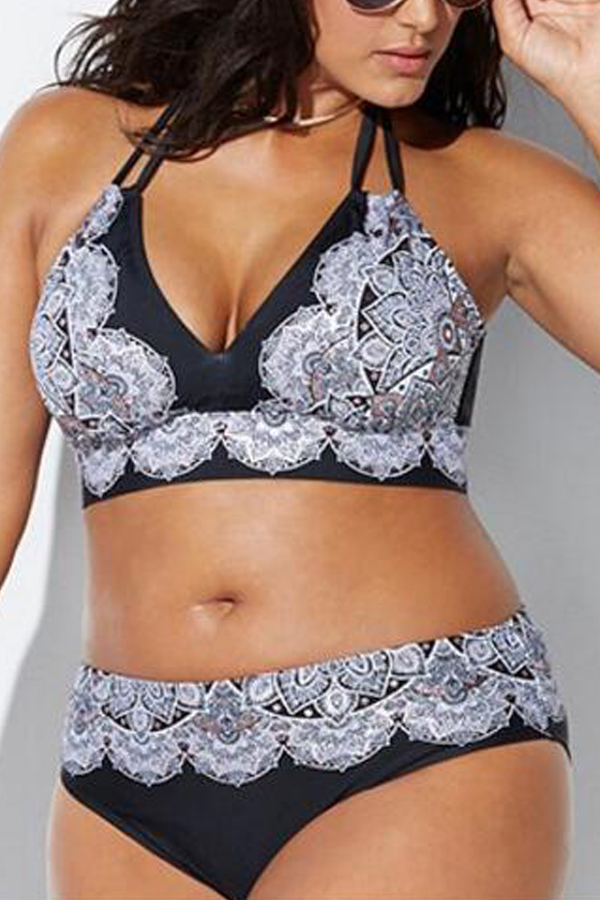 

Lovely Print Black Plus Size Two-piece Swimsuit