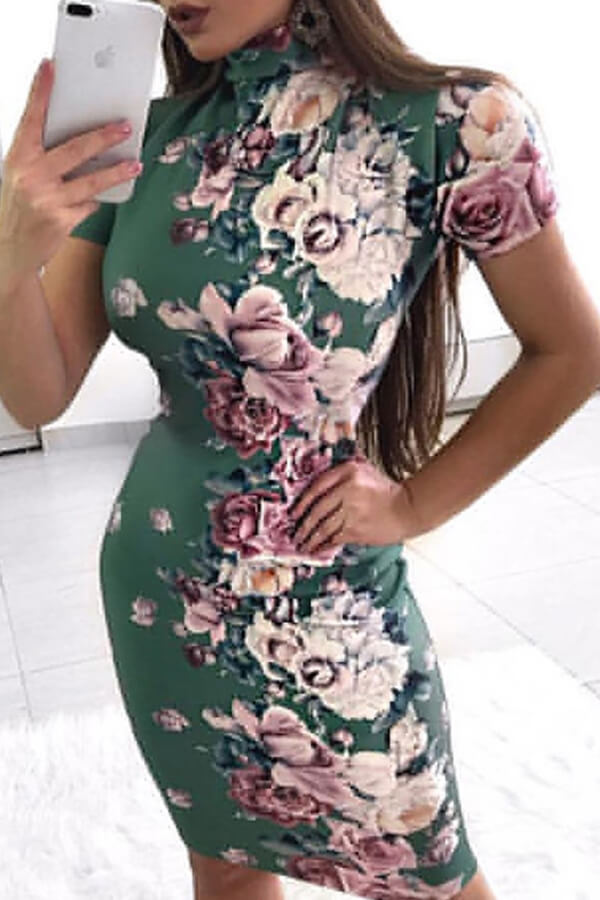 

Lovely Chic Print Skinny Green Knee Length Dress