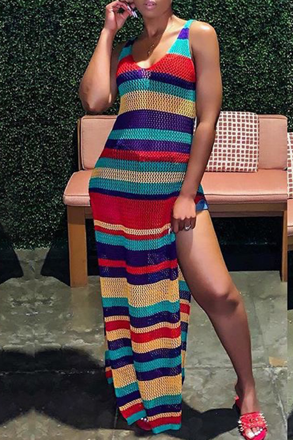 

Lovely Chic Striped Slit Ankle Length Dress, Multicolor stripe