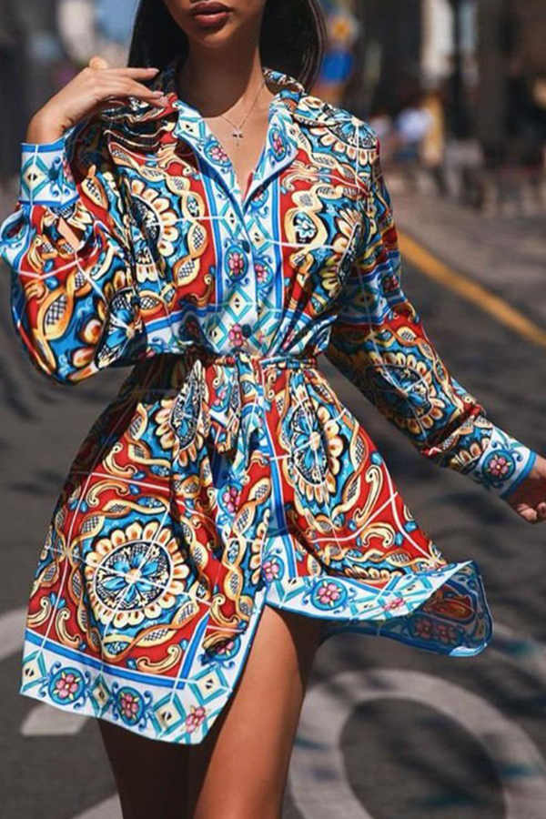 

Lovely Chic Print Blue Mini Shirt Dress