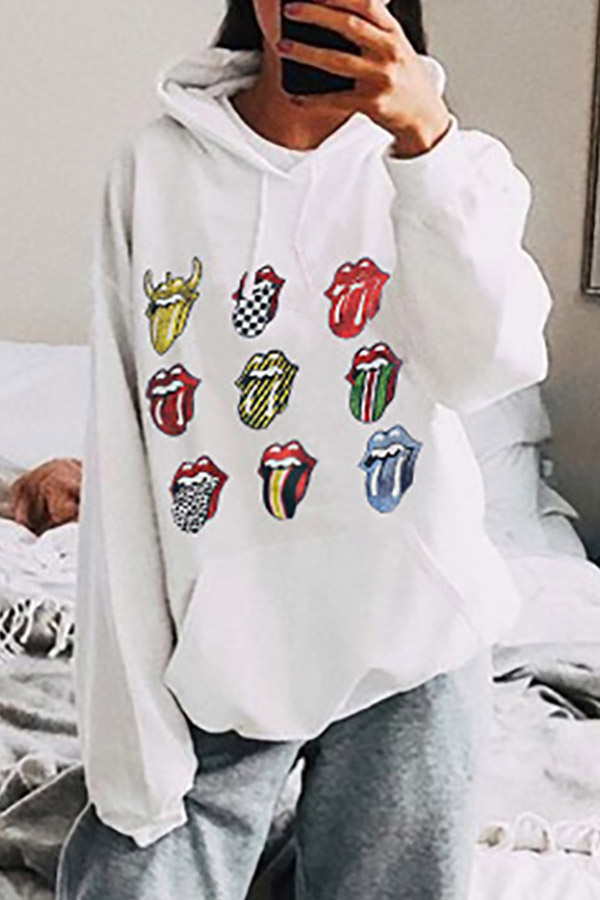 

Lovely Casual Lip Print White Hoodie