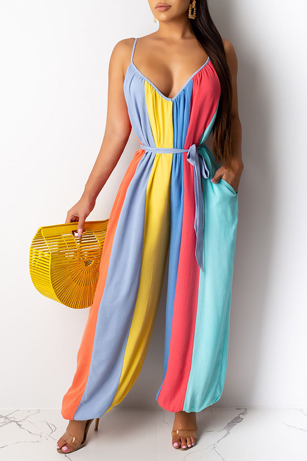 

Lovely Stylish Striped Loose Multicolor One-piece Jumpsuit, Multicolor stripe