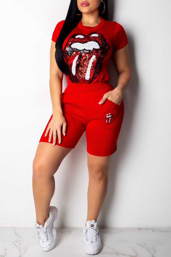 

Lovely Trendy Lip Print Red Two-piece Shorts Set