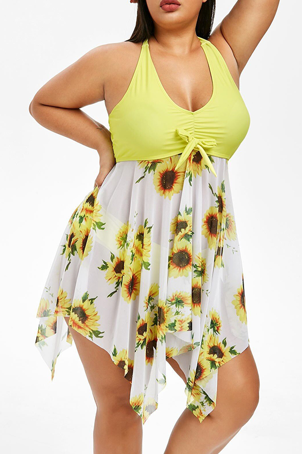 Lovely Print Yellow Plus Size Two-piece Swimsuit