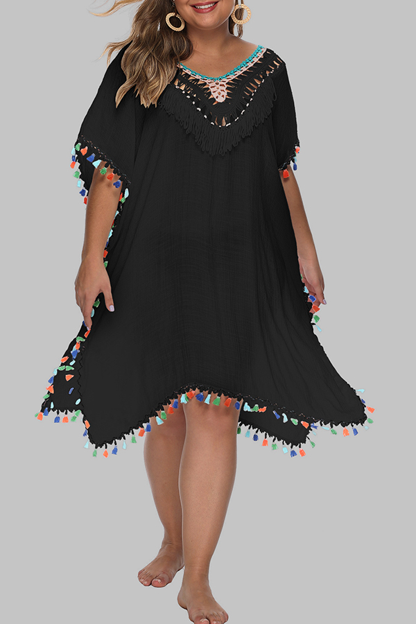 

Lovely Chic Hollow-out Black Plus Size Beach Dress