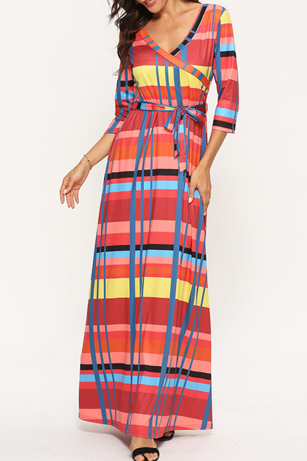 

Lovely Chic Plaid Print Red Ankle Length Dress