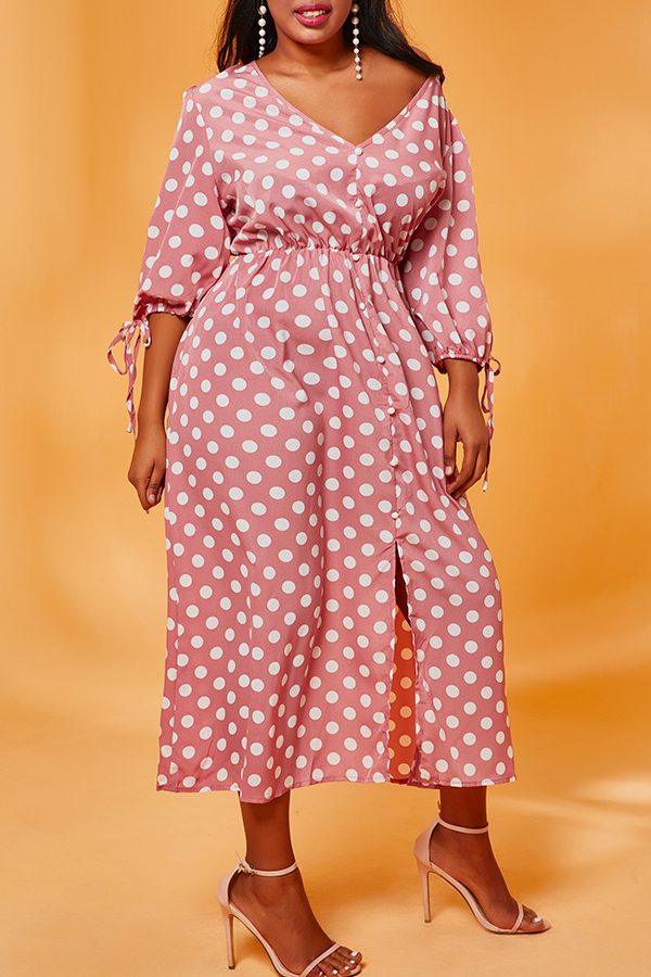 

Lovely Casual Dot Print Pink Mid Calf Plus Size Dress