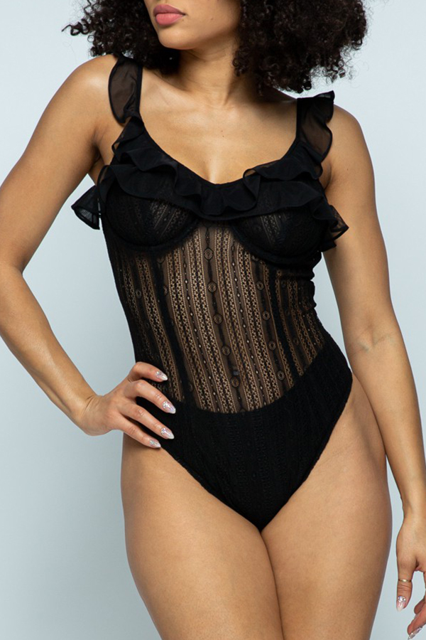 

Lovely Chic Flounce Patchwork Black Bodysuit