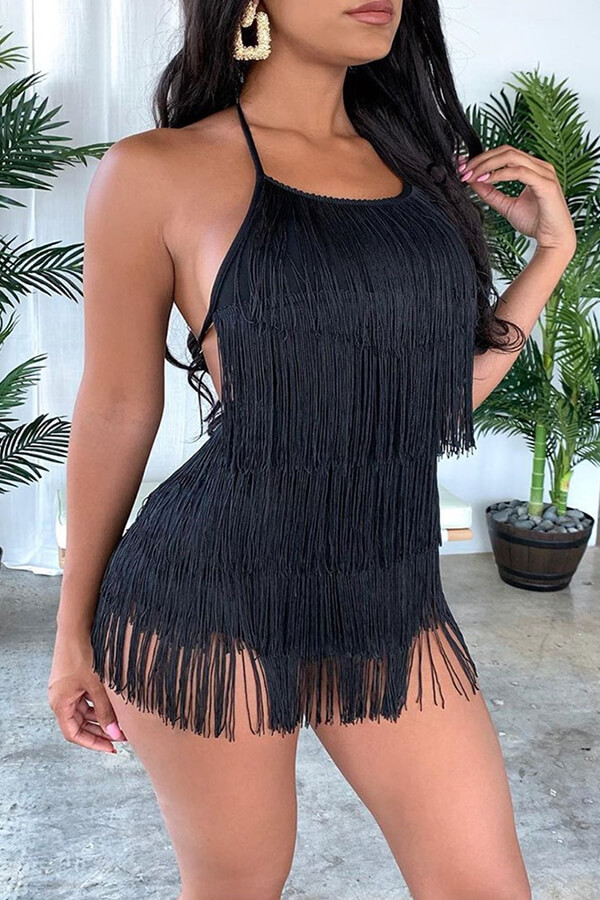 

Lovely Casual Tassel Design Black One-piece Romper