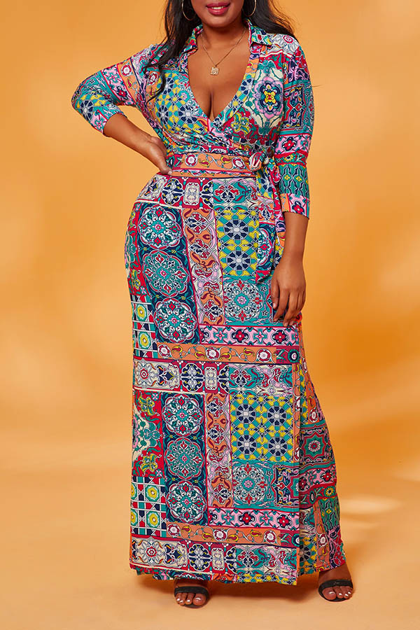 

Lovely Casual Print Rose Red Maxi Plus Size Dress