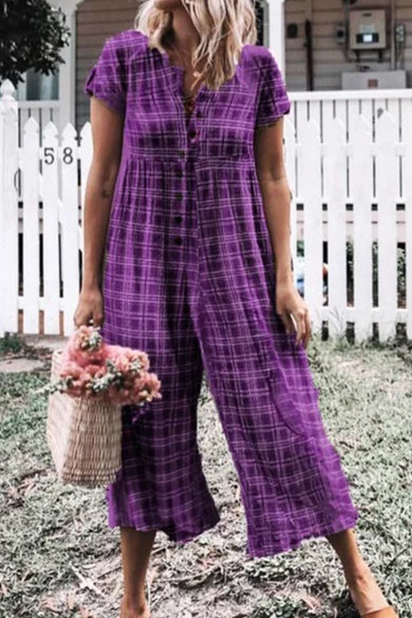 

Lovely Leisure Plaid Print Purple One-piece Jumpsuit