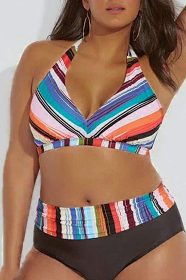 

Lovely Striped Multicolor Plus Size Two-piece Swimsuit, Multi