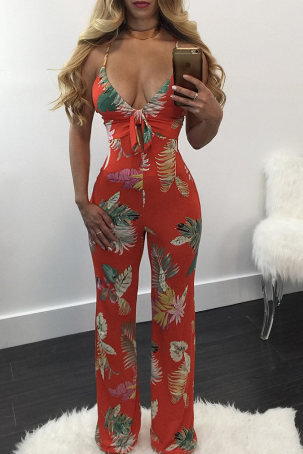 

Lovely Sexy Print Red One-piece Jumpsuit