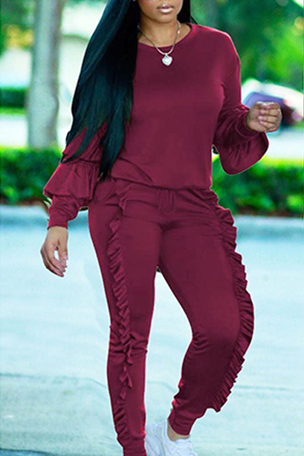 

Lovely Casual Flounce Design Wine Red Two-piece Pants Set