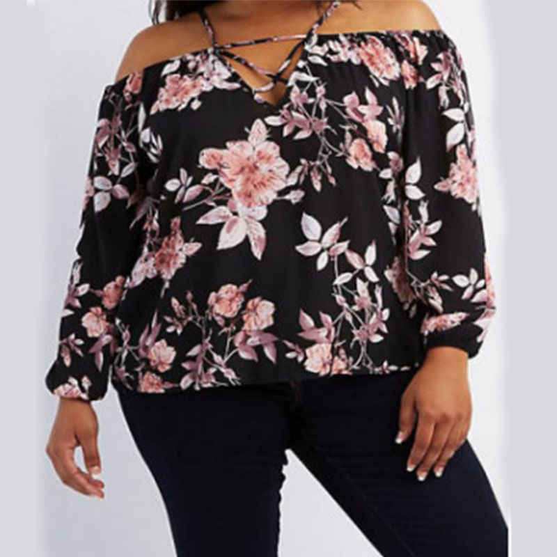 

Lovely Chic Floral Print Black Plus Size Blouse