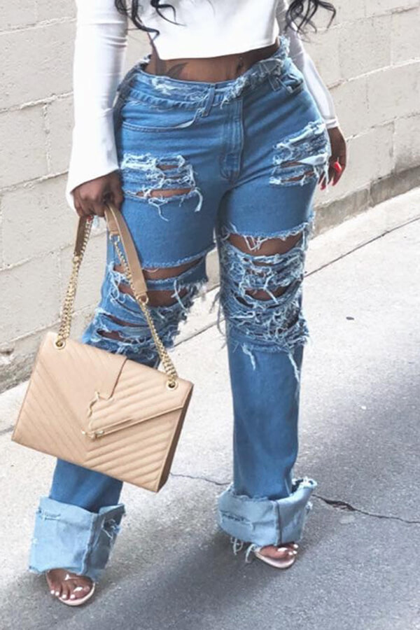 

Lovely Trendy Hollow-out Blue Jeans