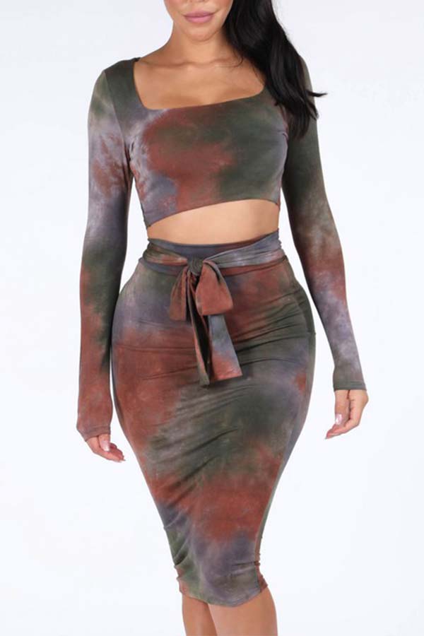 

Lovely Casual Tie-dye Grey Two-piece Skirt Set