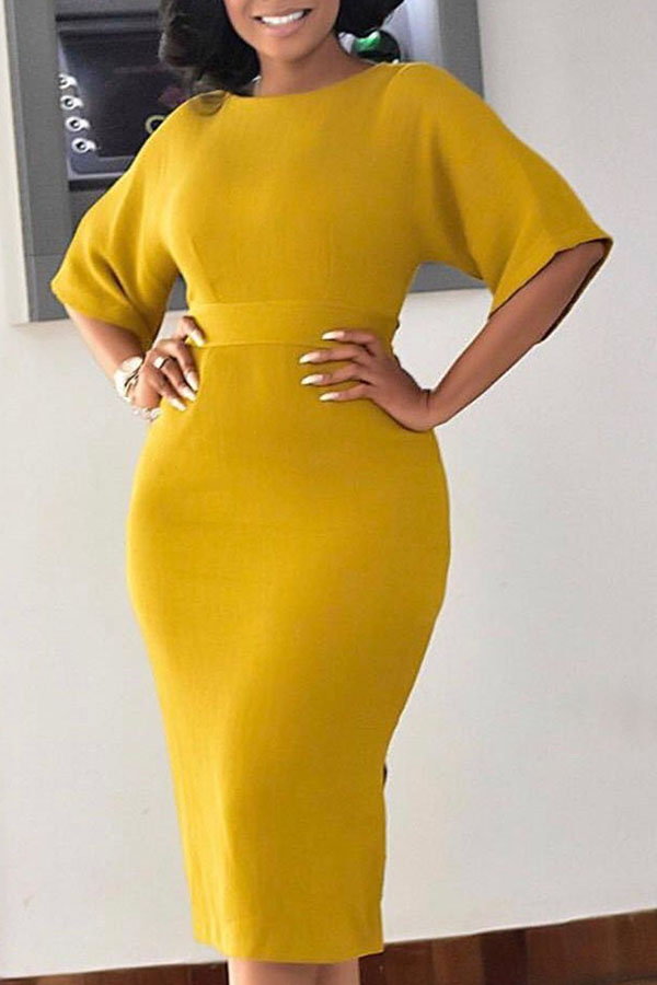 Lovely Work Basic Yellow Knee Length Dress