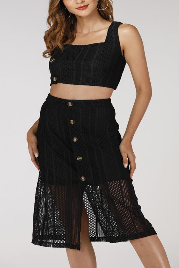 

Lovely Casual Button Design Black Two-piece Skirt Set