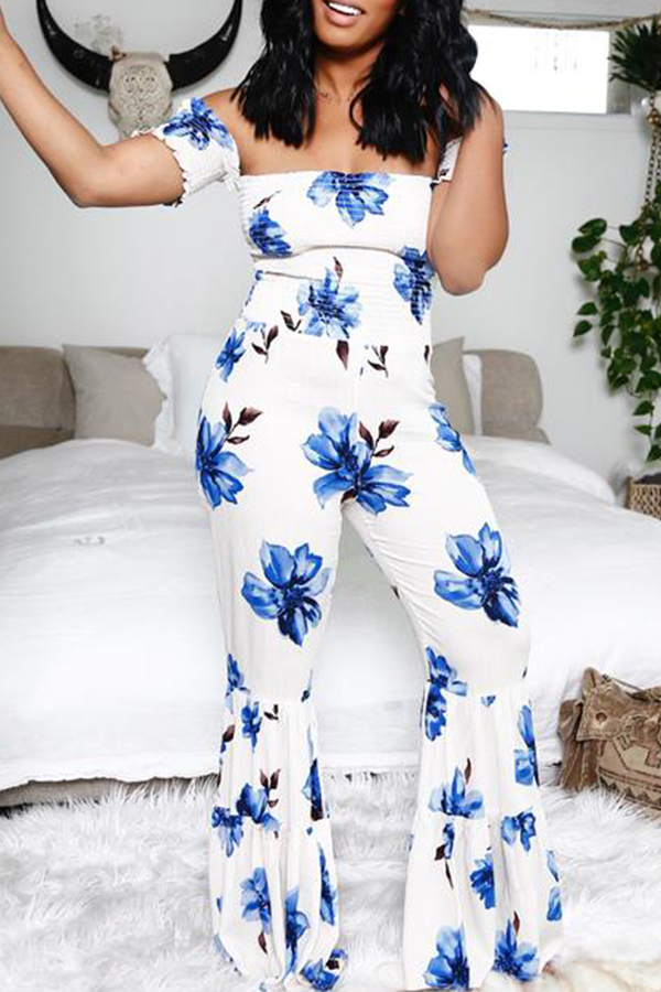 

Lovely Leisure Print Loose White One-piece Jumpsuit