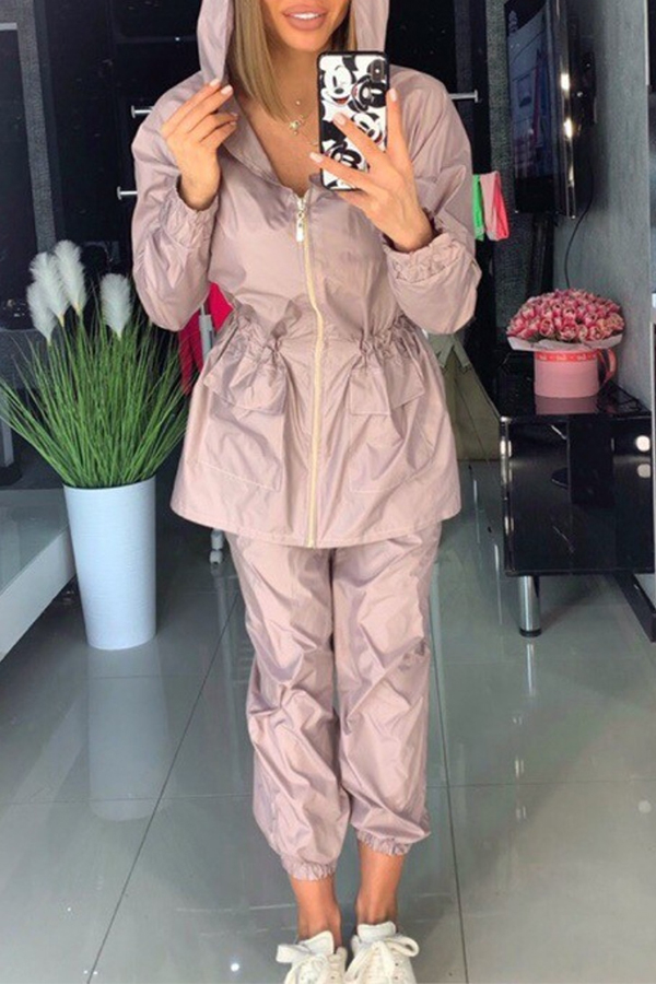 

Lovely Chic Hooded Collar Loose Dusty Pink Two-piece Pants Set