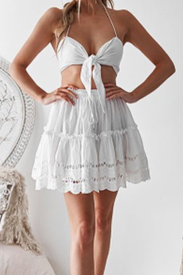 

Lovely Chic Knot Design White Two-piece Skirt Set