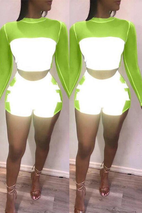 

Lovely Casual Patchwork Green Two-piece Shorts Set