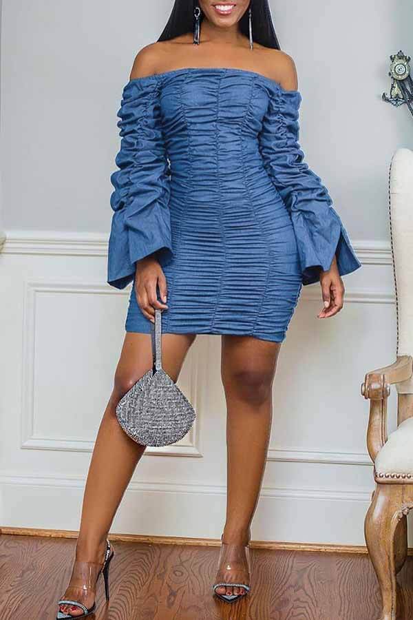 

Lovely Casual Fold Design Blue Knee Length Dress