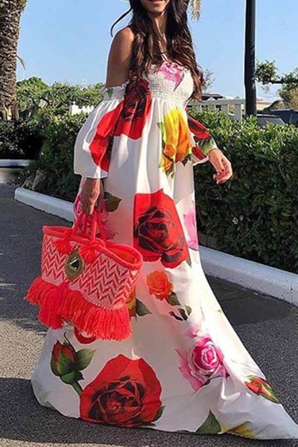 

Lovely Sweet Print Loose White Maxi Dress