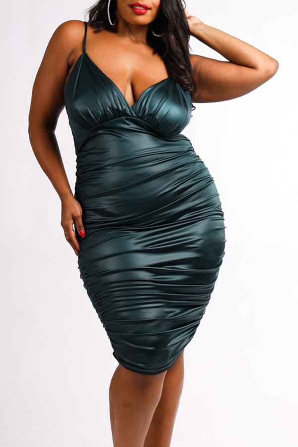 

Lovely Sexy Fold Design Blackish Green Knee Length Plus Size Dress, Black green