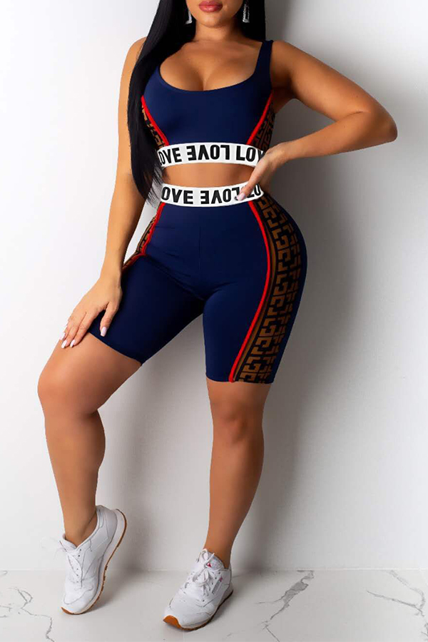 

Lovely Casual Letter Print Blue Two-piece Shorts Set