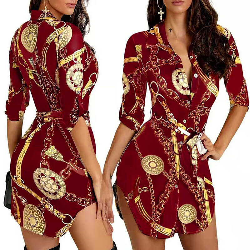 

Lovely Casual Turndown Collar Print Wine Red Mini Dress