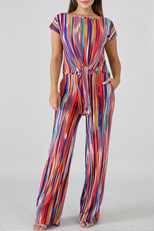 

Lovely Leisure Striped Print Multicolor Two-piece Pants Set, Multi