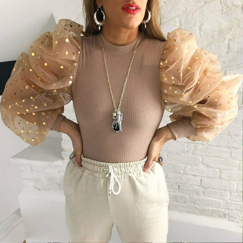 

Lovely Casual Patchwork Fold Design Light Camel Blouse