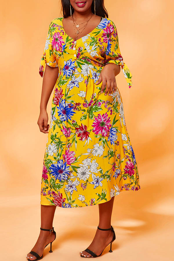 Lovely Chic Print Yellow Blue Knee Length Plus Size Dress