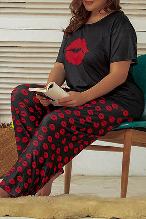 Lovely Casual Print Black Plus Size Two-piece Pants Set