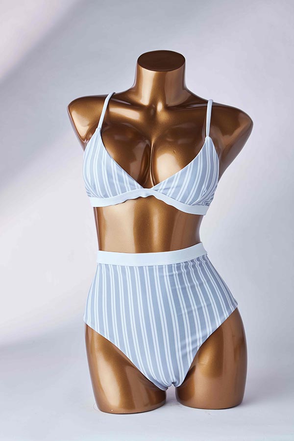 

Lovely Striped Light Grey Two-piece Swimsuit