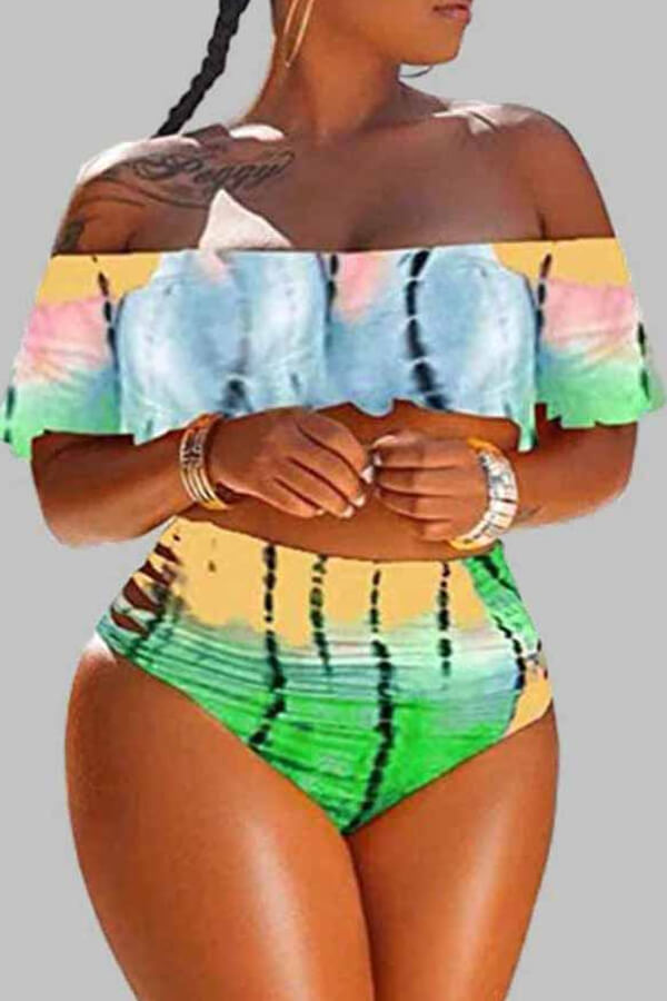 

Lovely Plus Size Bohemian Print Green Two-piece Swimsuit
