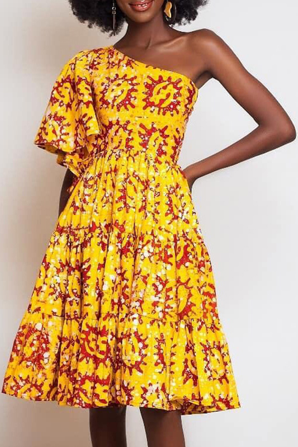 

Lovely Casual One Shoulder Yellow Blue Knee Length Dress
