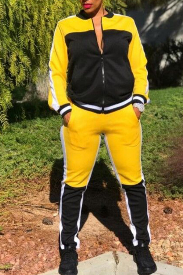 

Lovely Casual Turndown Collar Patchwork Yellow Two-piece Pants Set